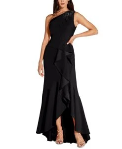 Adrianna Papell One-Shoulder Beaded Ruffled Gown