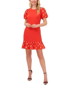 CeCe Women's Embroidered Puff-Sleeve Dress