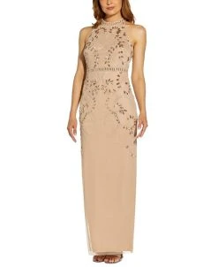 Papell Studio Women's Embellished Mock-Neck T-Back Gown