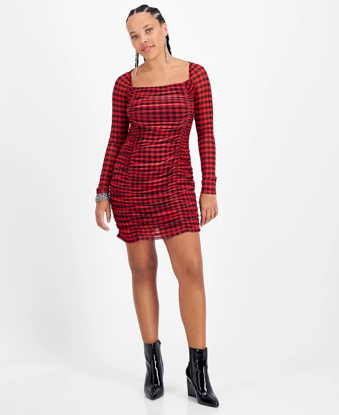 Bar III Women's Checkered Square-Neck Mesh-Overlay Ruched Mini Dress, Created For Macy's 1 Bar III Women's Checkered Square-Neck Mesh-Overlay Ruched Mini Dress, Created For Macy's