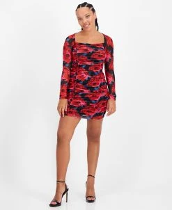 Bar III Women's Ruched Mesh Square-Neck Mini Dress, Created For Macy's