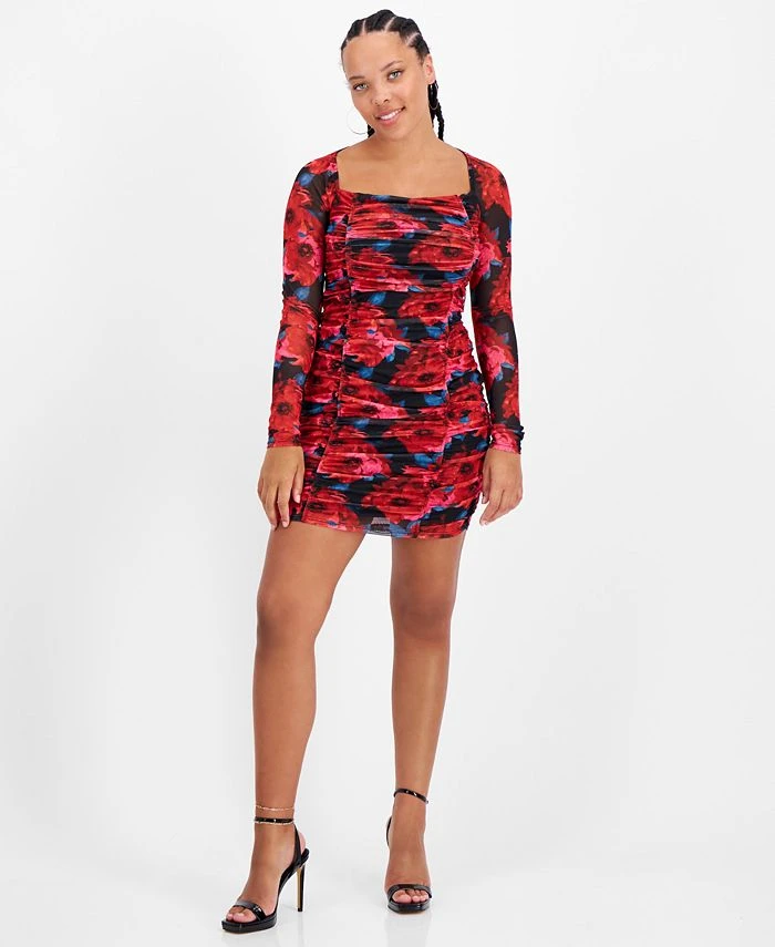 Bar III Women's Ruched Mesh Square-Neck Mini Dress, Created For Macy's 1 Bar III Women's Ruched Mesh Square-Neck Mini Dress, Created For Macy's