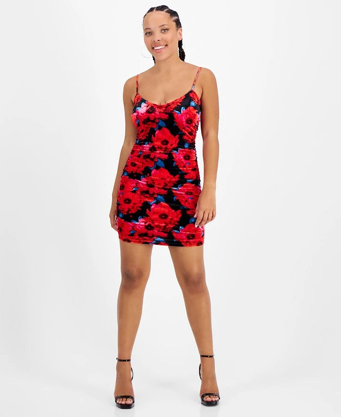 Bar III Women's Printed Sleeveless Ruched Velvet Mini Dress, Created For Macy's 1 Bar III Women's Printed Sleeveless Ruched Velvet Mini Dress, Created For Macy's
