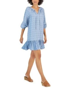 Style & Co Women's Printed Chambray Peasant Dress, Created For Macy's