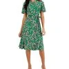 Kasper Printed Flutter-Sleeve Belted Dress