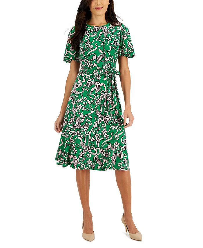 Kasper Printed Flutter-Sleeve Belted Dress 1 Kasper Printed Flutter-Sleeve Belted Dress