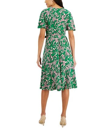 Kasper Printed Flutter-Sleeve Belted Dress 2 Kasper Printed Flutter-Sleeve Belted Dress - Image 2