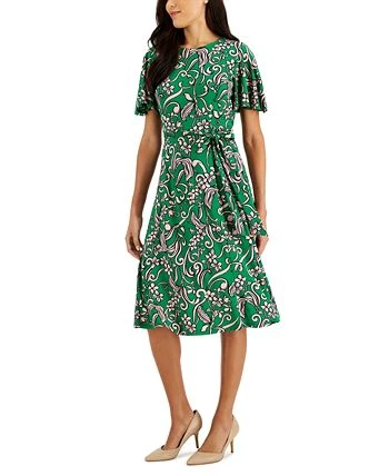 Kasper Printed Flutter-Sleeve Belted Dress 3 Kasper Printed Flutter-Sleeve Belted Dress - Image 3