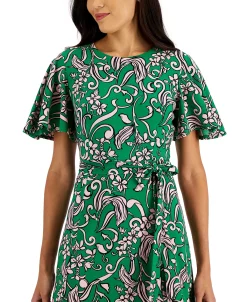 Kasper Printed Flutter-Sleeve Belted Dress 8 Kasper Printed Flutter-Sleeve Belted Dress -Sanctuary Shop 22343935 fpx