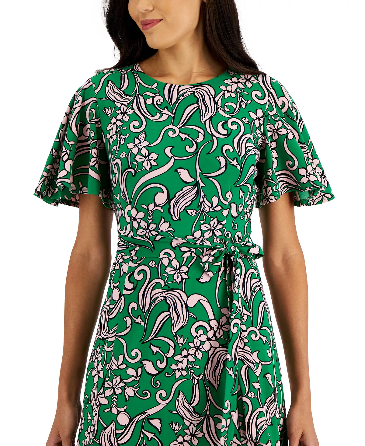 Kasper Printed Flutter-Sleeve Belted Dress 4 Kasper Printed Flutter-Sleeve Belted Dress - Image 4