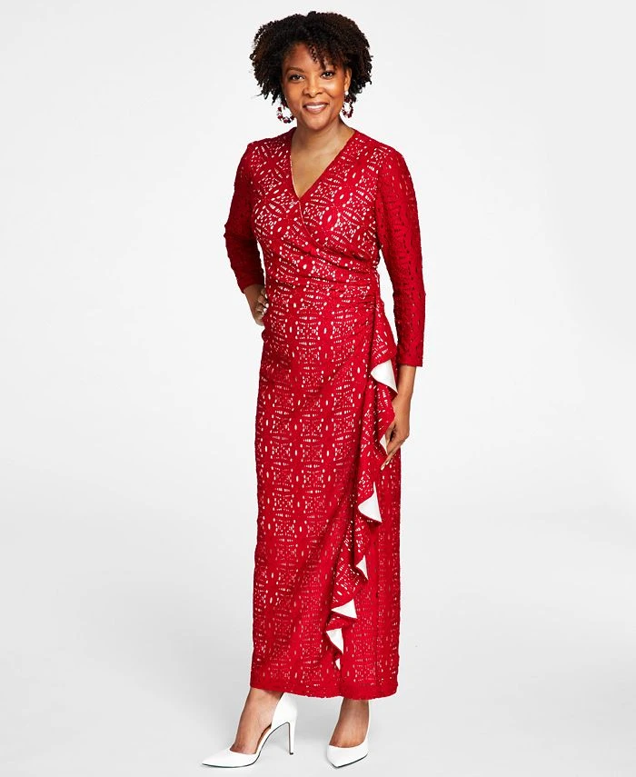 Kasper Lace Surplice V-Neck Ruffled Maxi Dress 1 Kasper Lace Surplice V-Neck Ruffled Maxi Dress