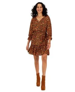 Bar III Women's Long-Sleeve V-Neck Ruffle-Hem Dress, Created For Macy's