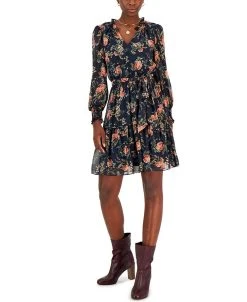 INC International Concepts Hiffon Printed Blouson-Sleeve Fit & Flare Dress, Created For Macy's
