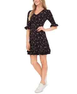 CeCe Women's Printed V-Neck Ruffle-Hem Knit Dress