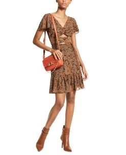 Michael Kors Women's Paisley-Print Keyhole Belted Flutter-Sleeve Dress