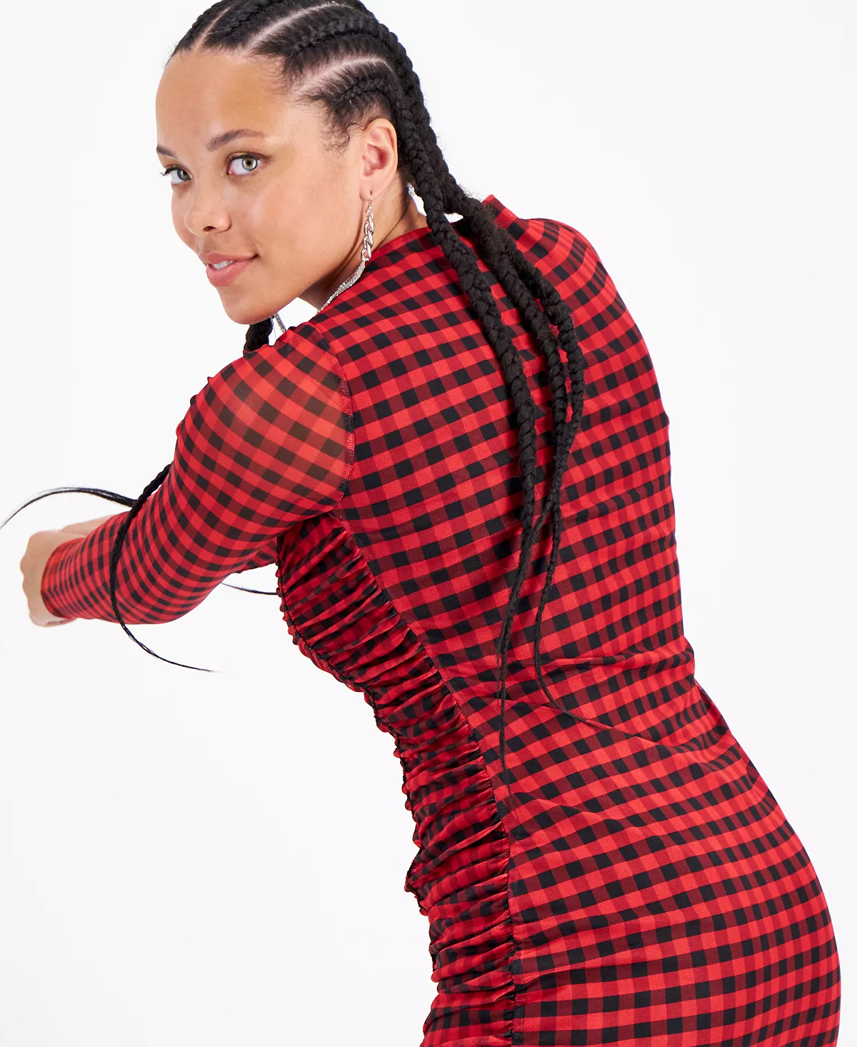 Bar III Women's Checkered Square-Neck Mesh-Overlay Ruched Mini Dress, Created For Macy's 4 Bar III Women's Checkered Square-Neck Mesh-Overlay Ruched Mini Dress, Created For Macy's - Image 4