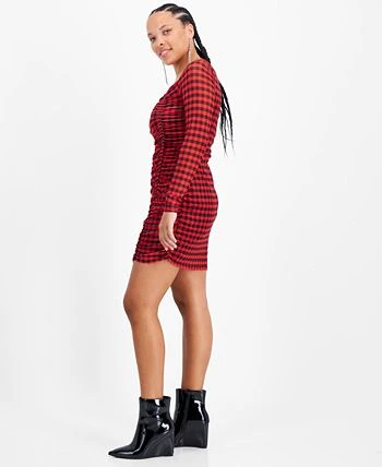 Bar III Women's Checkered Square-Neck Mesh-Overlay Ruched Mini Dress, Created For Macy's 3 Bar III Women's Checkered Square-Neck Mesh-Overlay Ruched Mini Dress, Created For Macy's - Image 3