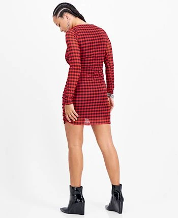 Bar III Women's Checkered Square-Neck Mesh-Overlay Ruched Mini Dress, Created For Macy's 2 Bar III Women's Checkered Square-Neck Mesh-Overlay Ruched Mini Dress, Created For Macy's - Image 2