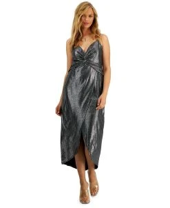 Bar III Women's Shimmering Metallic Faux-Wrap Style Dress, Created For Macy's