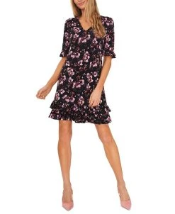 CeCe Women's Printed V-Neck Ruffle-Hem Knit Dress