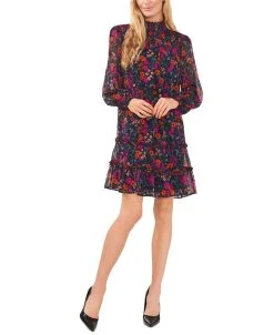 CeCe Women's Floral-Print Smocked Blouson-Sleeve Shift Dress