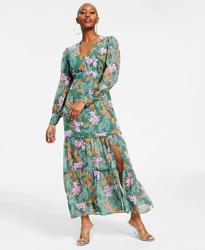 Bar III Women's Printed Long-Sleeve Slit-Hem Maxi Dress, Created For Macy's 1 Bar III Women's Printed Long-Sleeve Slit-Hem Maxi Dress, Created For Macy's