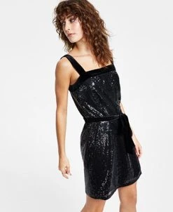 Bar III Women's Sequined Square-Neck Belted Dress, Created For Macy's -Sanctuary Shop 23009944 fpx