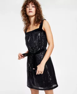 Bar III Women's Sequined Square-Neck Belted Dress, Created For Macy's -Sanctuary Shop 23009945 fpx