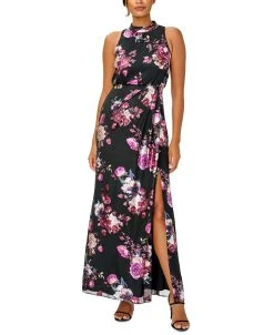 Adrianna Papell Women's Floral-Print Mock-Neck Gown