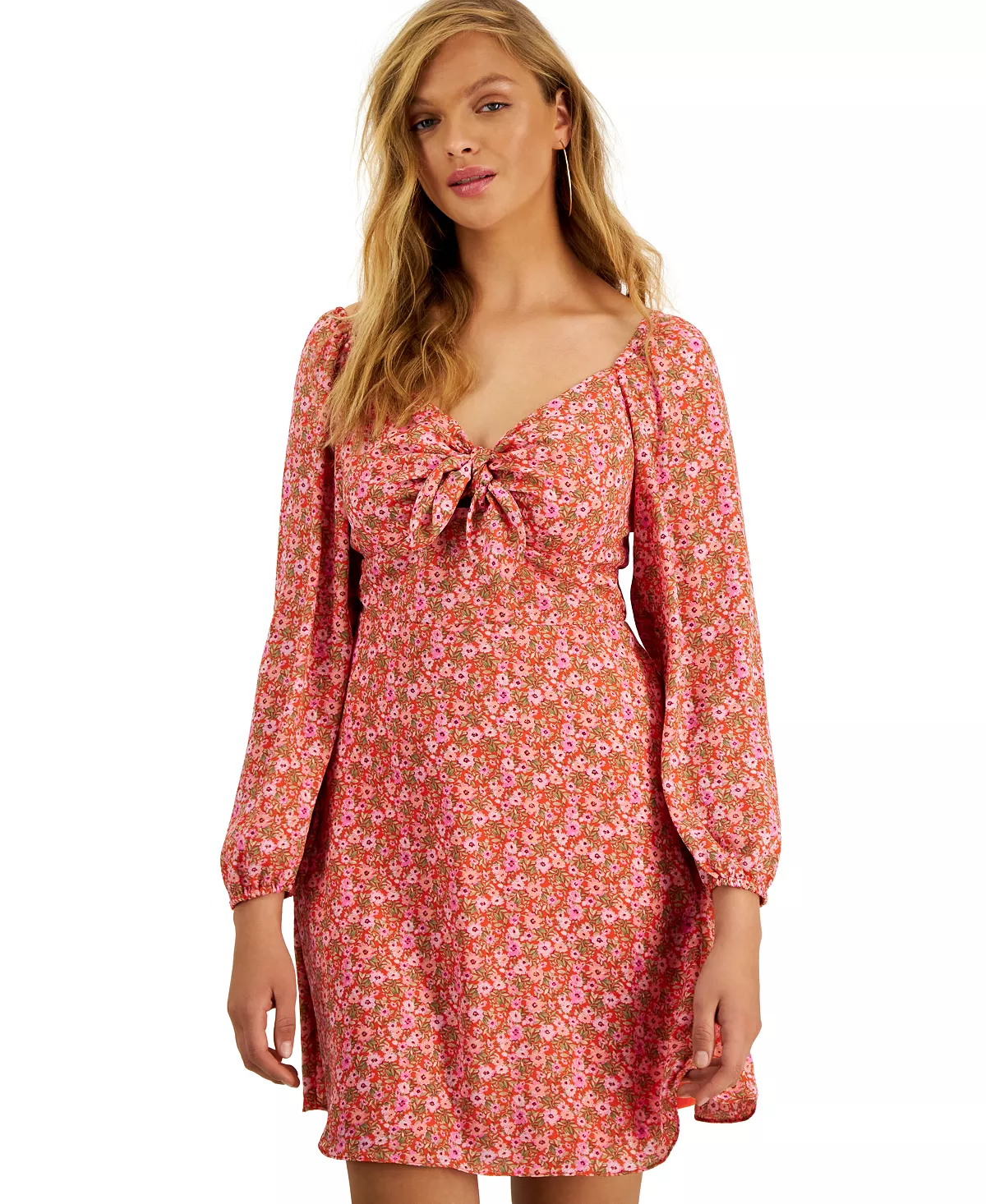 Bar III Women's Printed Tie-Front Blouson-Sleeve Dress, Created For Macy's 4 Bar III Women's Printed Tie-Front Blouson-Sleeve Dress, Created For Macy's - Image 4