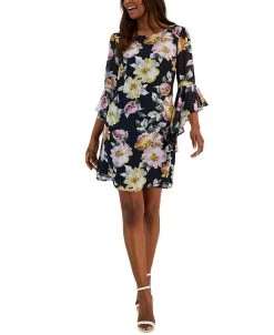 Connected Women's Floral-Print Ruffle-Sleeve Dress