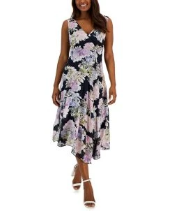 Connected Women's Floral-Print Handkerchief-Hem Midi Dress