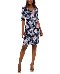 Connected Women's Floral-Print Elbow-Sleeve Sheath Dress