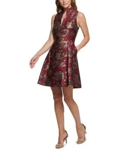 Vince Camuto Women's Jacquard Ruffled-Neck Fit & Flare Dress -Sanctuary Shop 23387961 fpx
