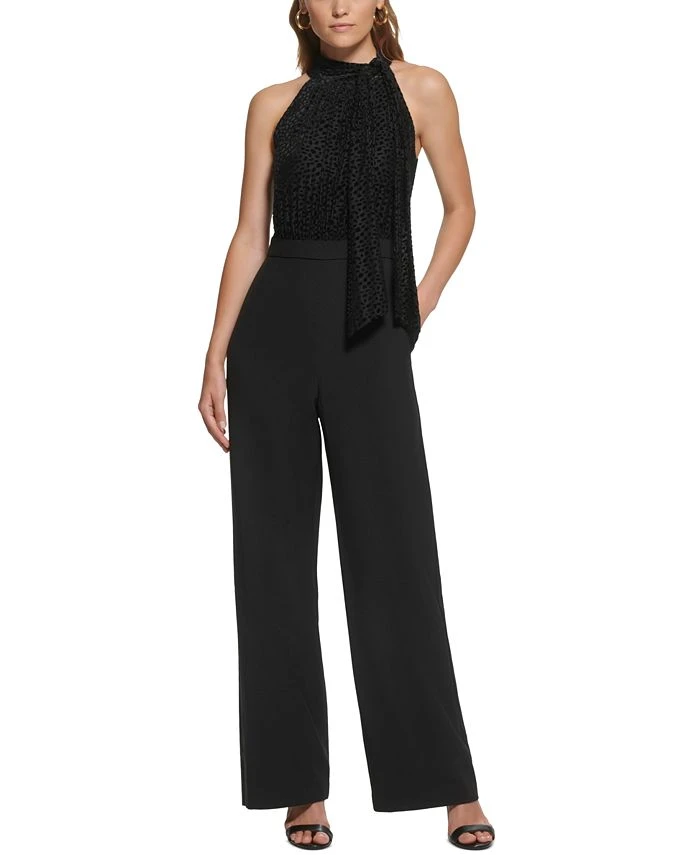 Vince Camuto Women's Burnout Velvet Tie-Neck Mixed-Media Jumpsuit 1 Vince Camuto Women's Burnout Velvet Tie-Neck Mixed-Media Jumpsuit