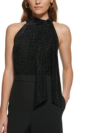 Vince Camuto Women's Burnout Velvet Tie-Neck Mixed-Media Jumpsuit 2 Vince Camuto Women's Burnout Velvet Tie-Neck Mixed-Media Jumpsuit - Image 2