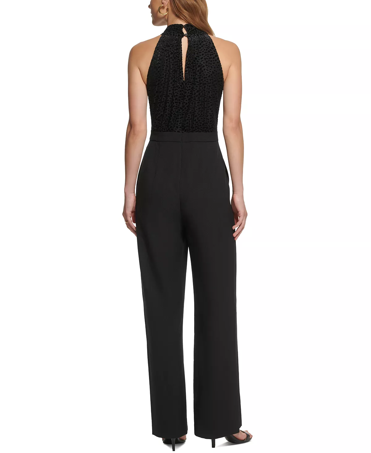 Vince Camuto Women's Burnout Velvet Tie-Neck Mixed-Media Jumpsuit 4 Vince Camuto Women's Burnout Velvet Tie-Neck Mixed-Media Jumpsuit - Image 4