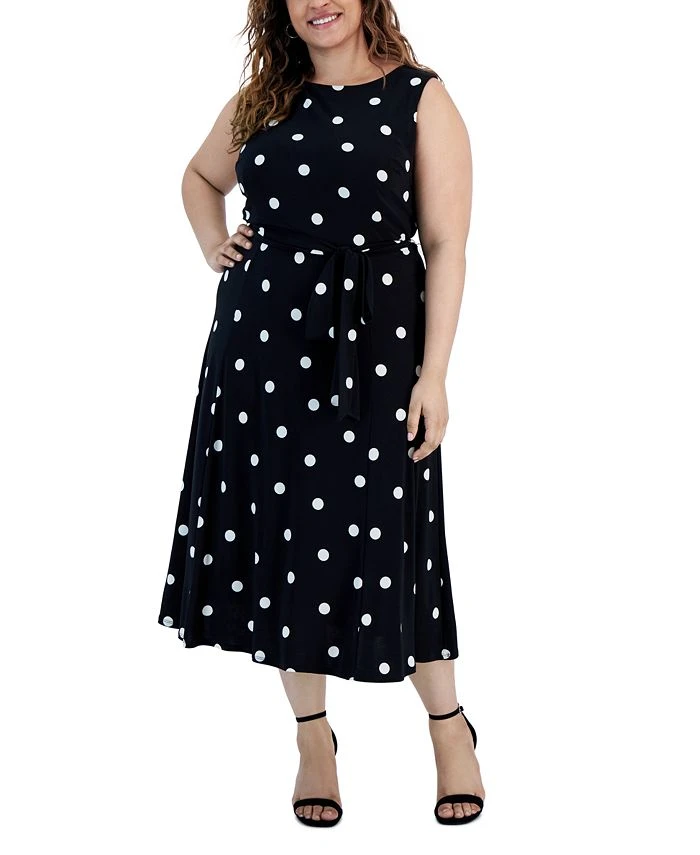 Kasper Plus Size Polka Dot-Print Belted Fit & Flare Dress 1 Kasper Plus Size Polka Dot-Print Belted Fit & Flare Dress