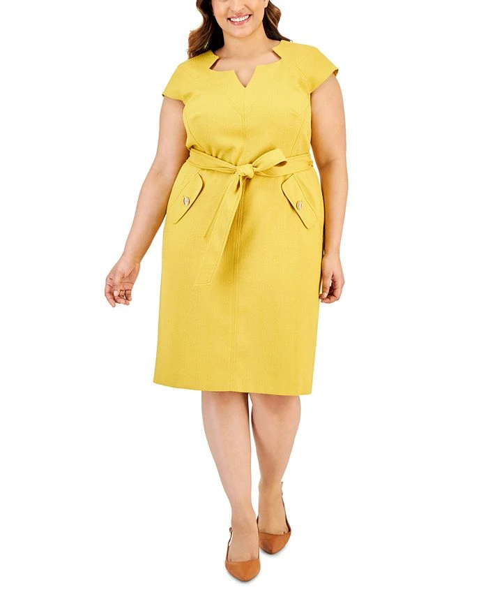 Kasper Plus Size Cap-Sleeve Tie-Waist Zip-Back Dress 1 Kasper Plus Size Cap-Sleeve Tie-Waist Zip-Back Dress