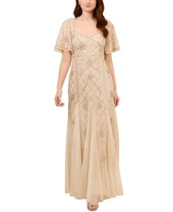 Adrianna Papell Women's Beaded Flutter-Sleeve Godet Gown