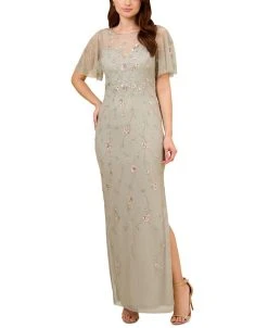 Adrianna Papell Women's Beaded Flutter-Sleeve Gown