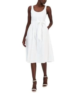 Anne Klein Women's Belted Seersucker Sleeveless Midi Dress