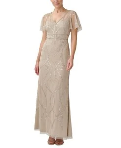 Papell Studio Women's Flutter-Sleeved Embellished V-Neck Gown